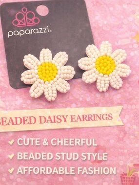 Paparazzi Beaded Daisy Stud Earrings White Yellow Floral